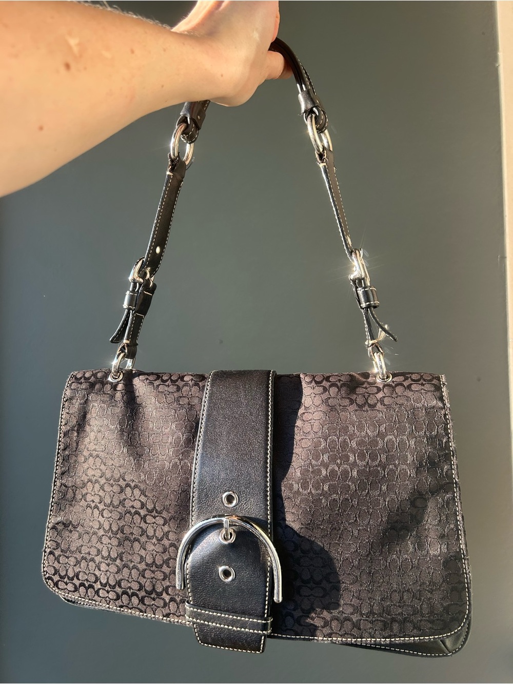 Vintage Coach Black Signature-Pattern Shoulder Bag with Buckle Strap